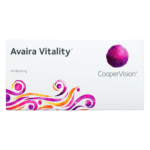 Avaira Vitality contact lenses box showcasing UV protection and long-lasting comfort features.